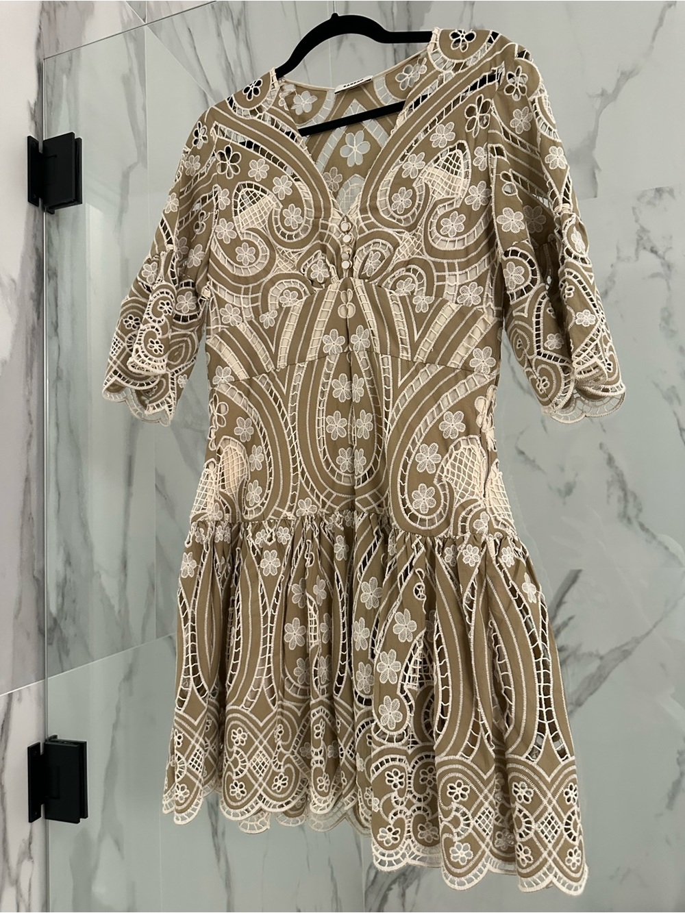 Sandro Beige Mini Dress with White Embroidered Lace